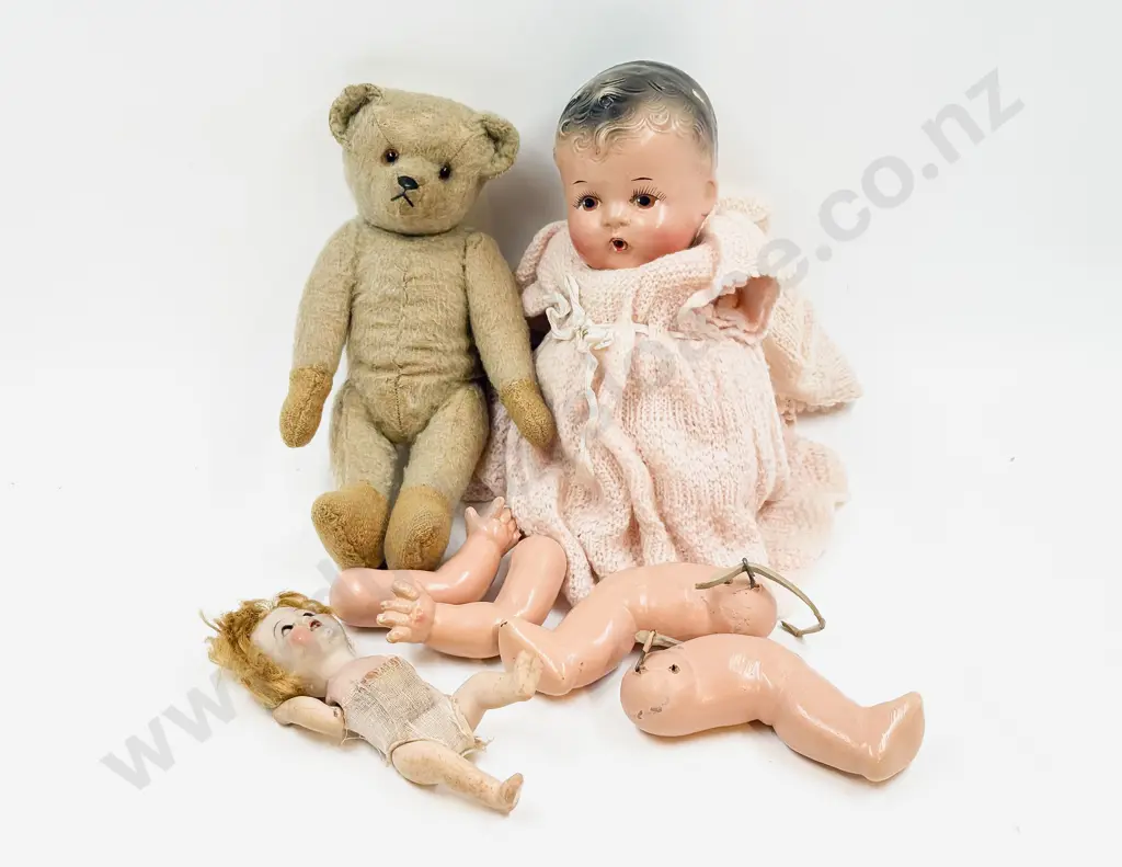 Vintage Tiny Nippon Doll with Compisition Baby and Vintage Teddy Bear Image 1++