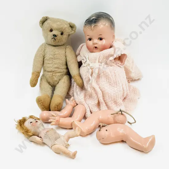 Vintage Tiny Nippon Doll with Compisition Baby and Vintage Teddy Bear