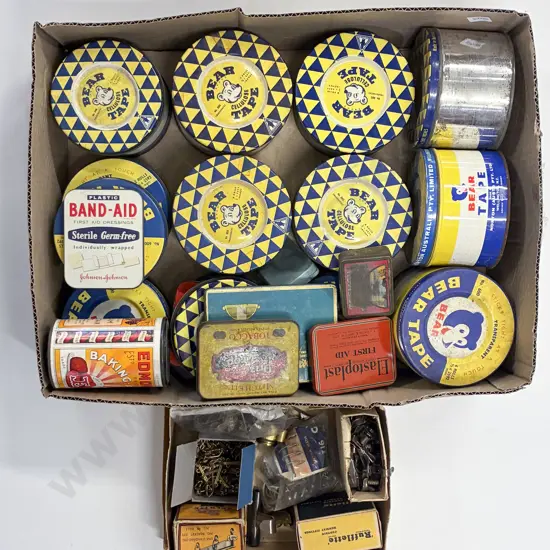 Qty of Vintage Tins and Curtain Hanging Hooks Etc