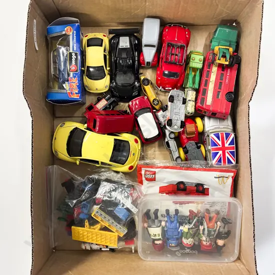 Qty of Assorted Die Cast Vehicles and Lego Figures Etc