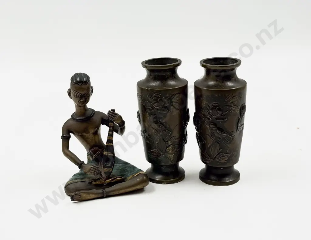 Small Brass Figure together with Pair Brass Vases (Faults) Image 1++