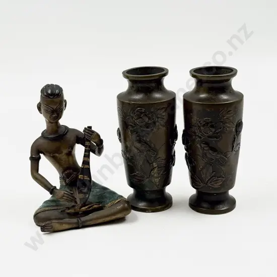 Small Brass Figure together with Pair Brass Vases (Faults)