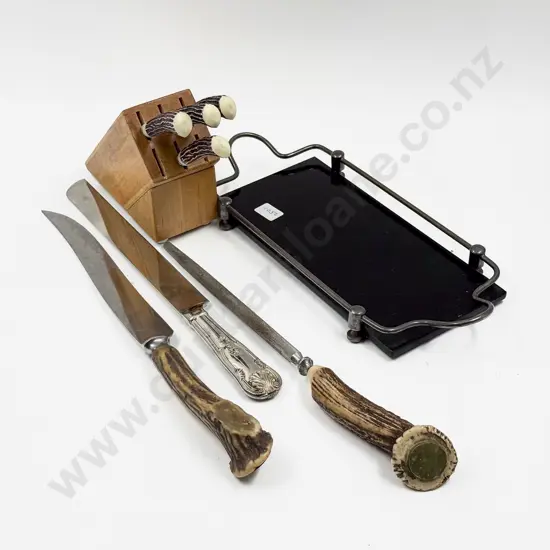 Quantity of Horn Handles Knifes with Carving Knife and Sharpener etc