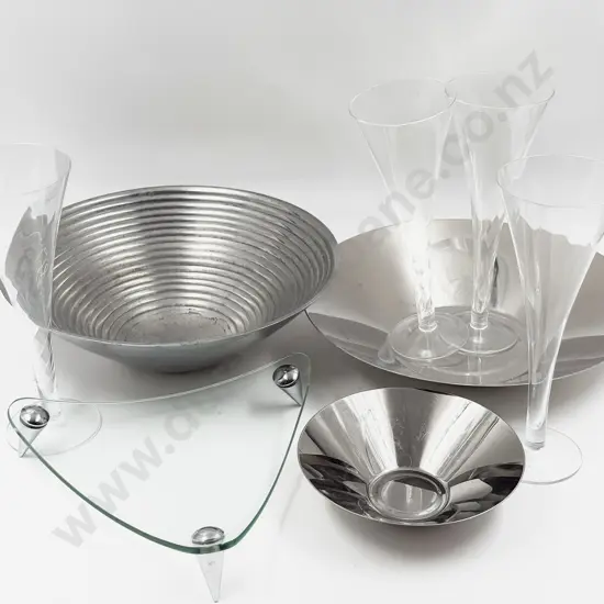 Three Assorted Modern Serving Dishes and Four Large Champagne Glasses