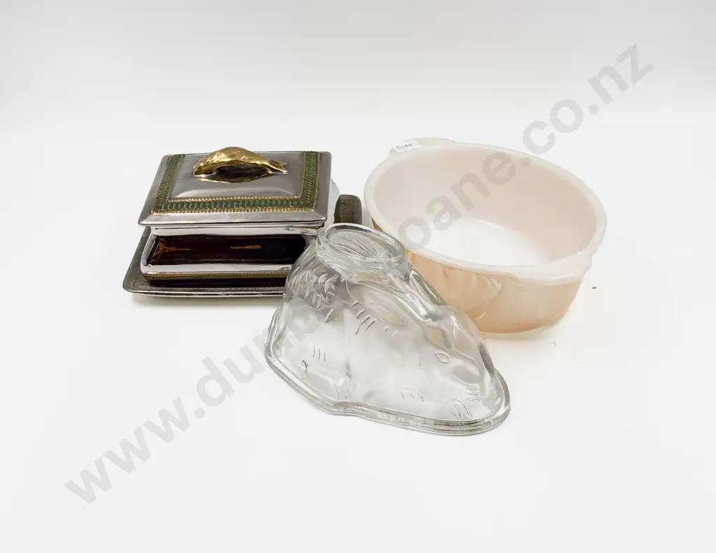 Vintage Glass Rabbit Form Jelly Mould with Sardine Dish and Other Image 1++