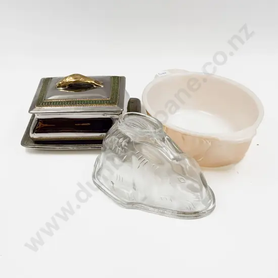 Vintage Glass Rabbit Form Jelly Mould with Sardine Dish and Other