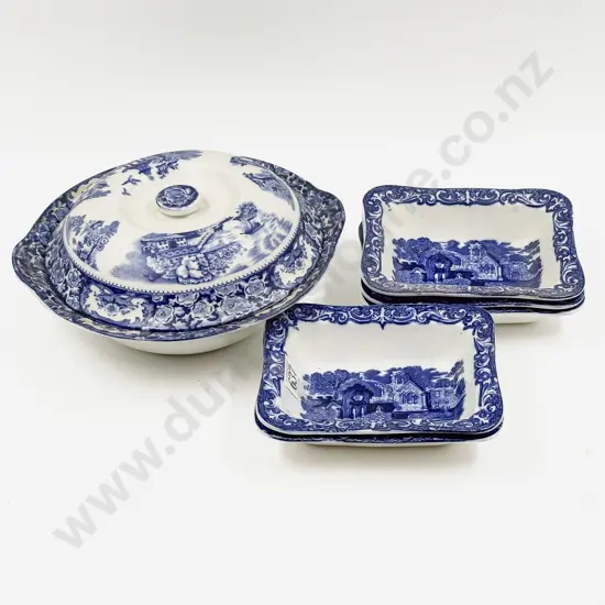 Four Blue and White Shredded Wheat Dishes and Assorted Blue and White