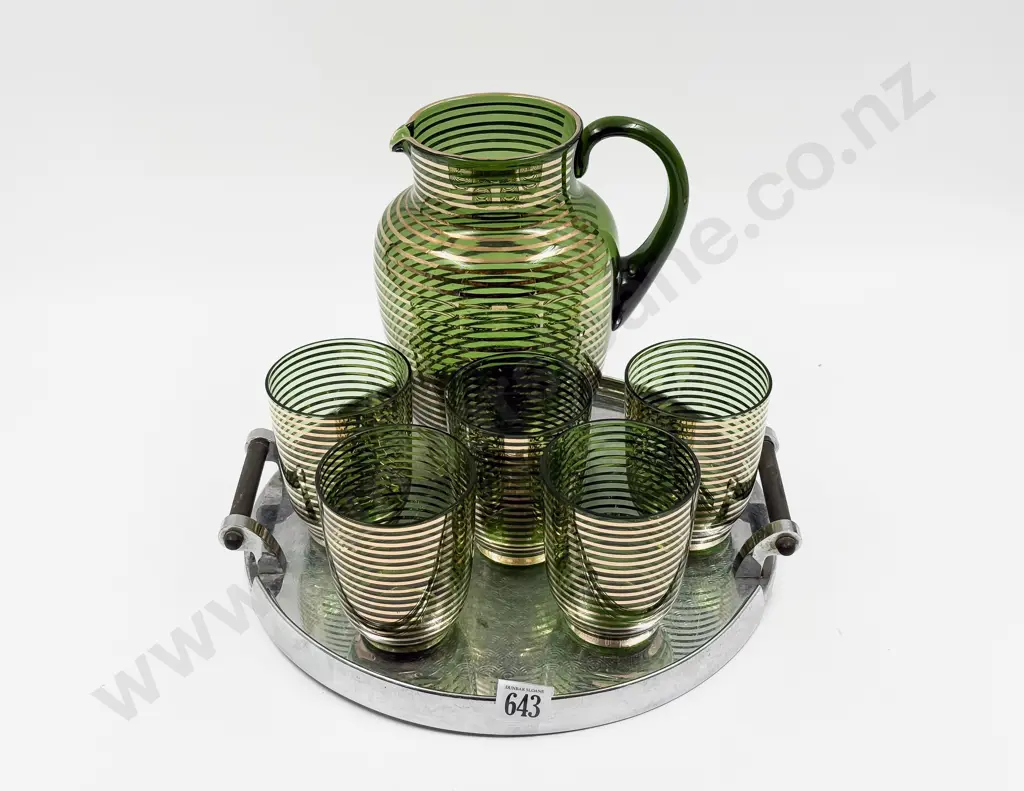 Glass Lemonade Jug and Five Glasses on Art Deco Tray Image 1++