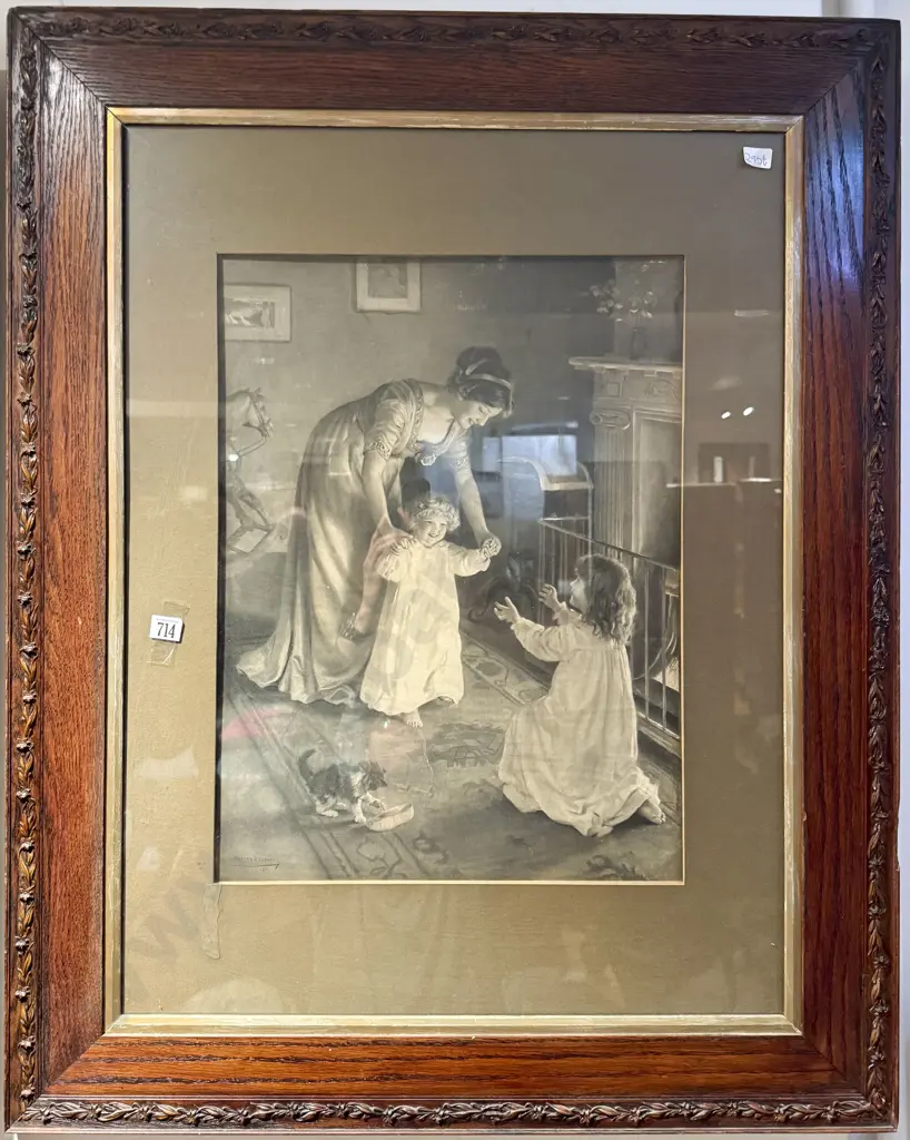 Pair Edwardian Prints in Ornate Oak Frames One A/F Image 1++
