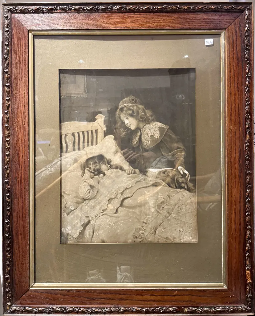 Pair Edwardian Prints in Ornate Oak Frames One A/F Image 1++