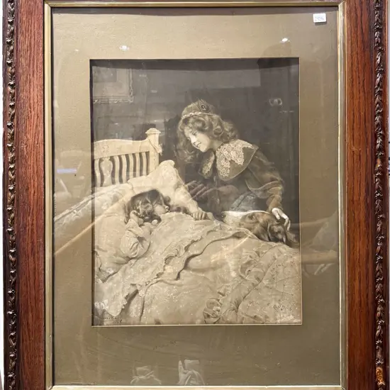 Pair Edwardian Prints in Ornate Oak Frames One A/F
