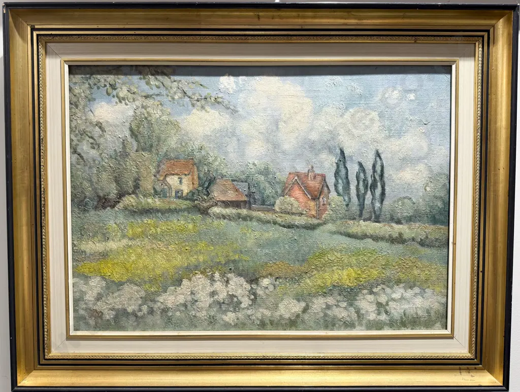 Unknown Artist - Landscape with Poplars & Farm Buildings - Oil on Canvas Image 1++