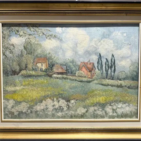 Unknown Artist - Landscape with Poplars & Farm Buildings - Oil on Canvas