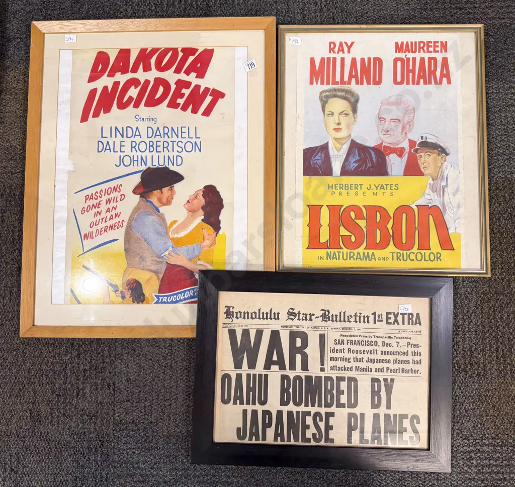 Framed Honolulu Star Bulletin Front Page 1941 & Two Framed Vintage Posters Image 1++