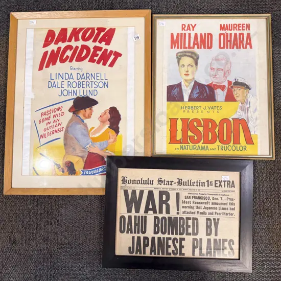 Framed Honolulu Star Bulletin Front Page 1941 & Two Framed Vintage Posters