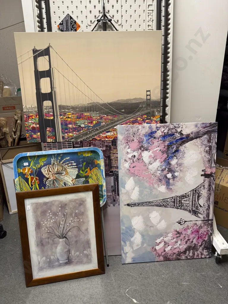 Four Assorted Decorative Works and Folding Tray Table Image 1++