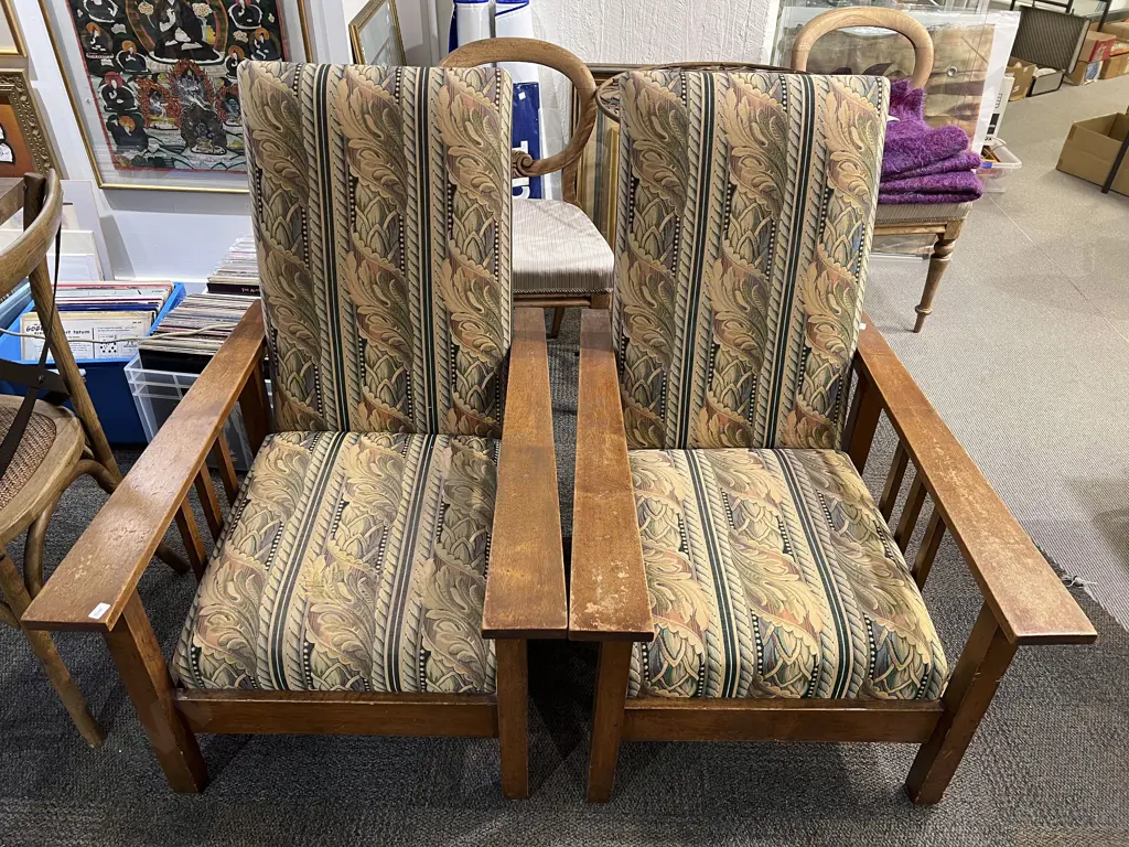 Pair of William Morris Style Oak Armchairs Image 1++