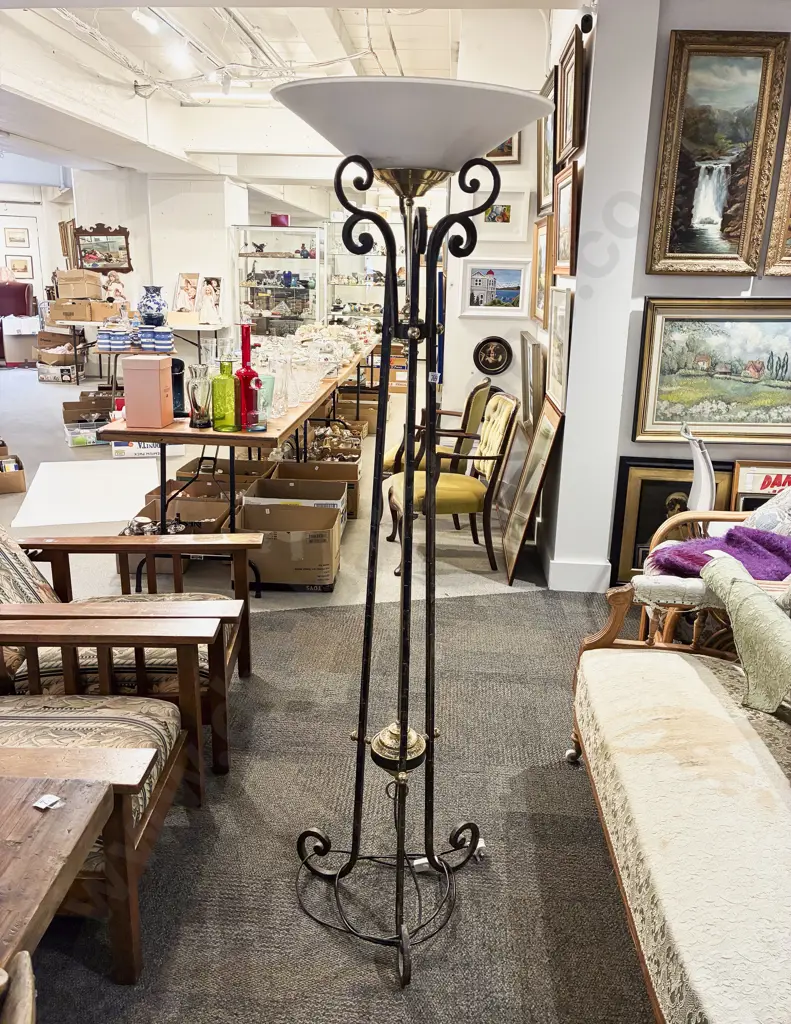Brass and Wrought Metal Standing Lamp with Frosted Glass Shade Image 1++