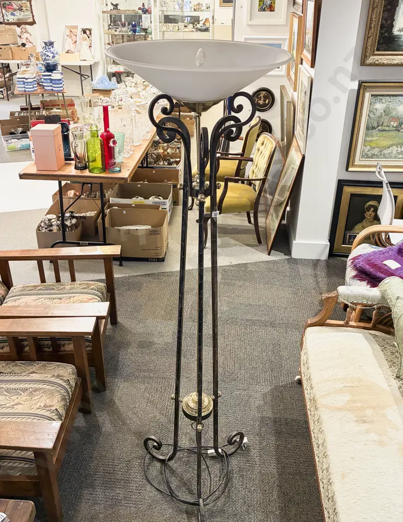 Brass and Wrought Metal Standing Lamp with Frosted Glass Shade Image 1++