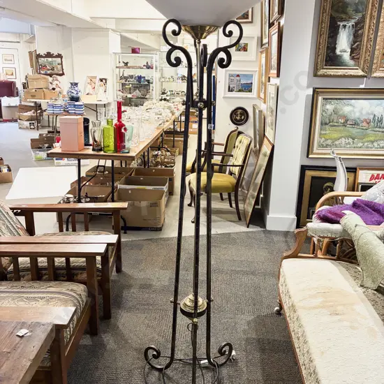 Brass and Wrought Metal Standing Lamp with Frosted Glass Shade