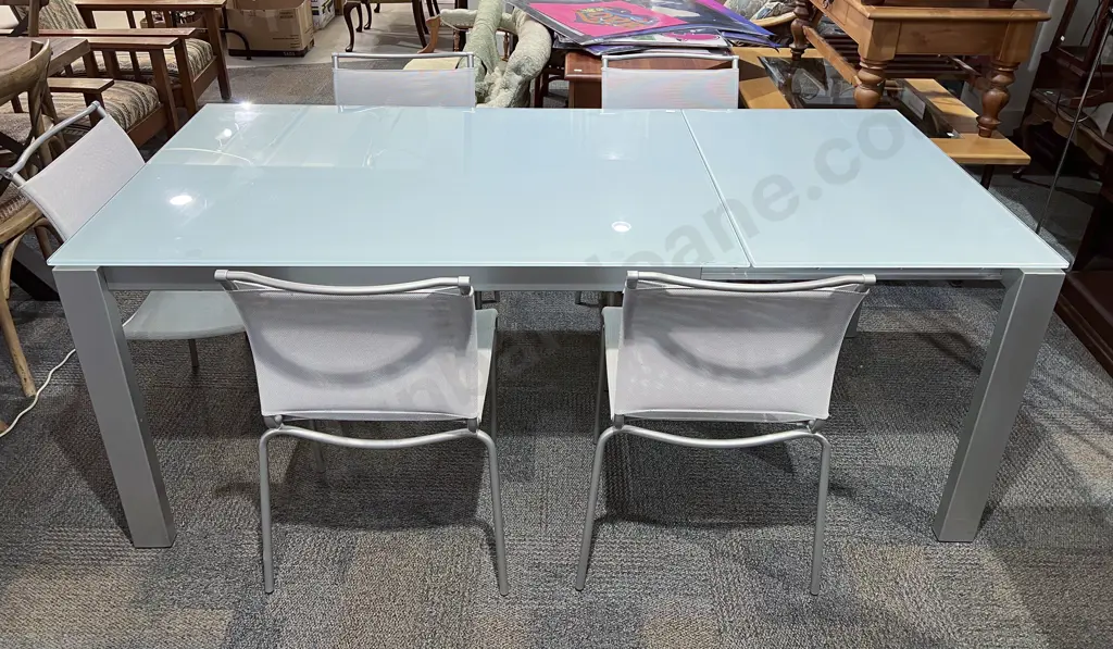 Modern Glass Top Dining Table With Five Chairs Image 1++