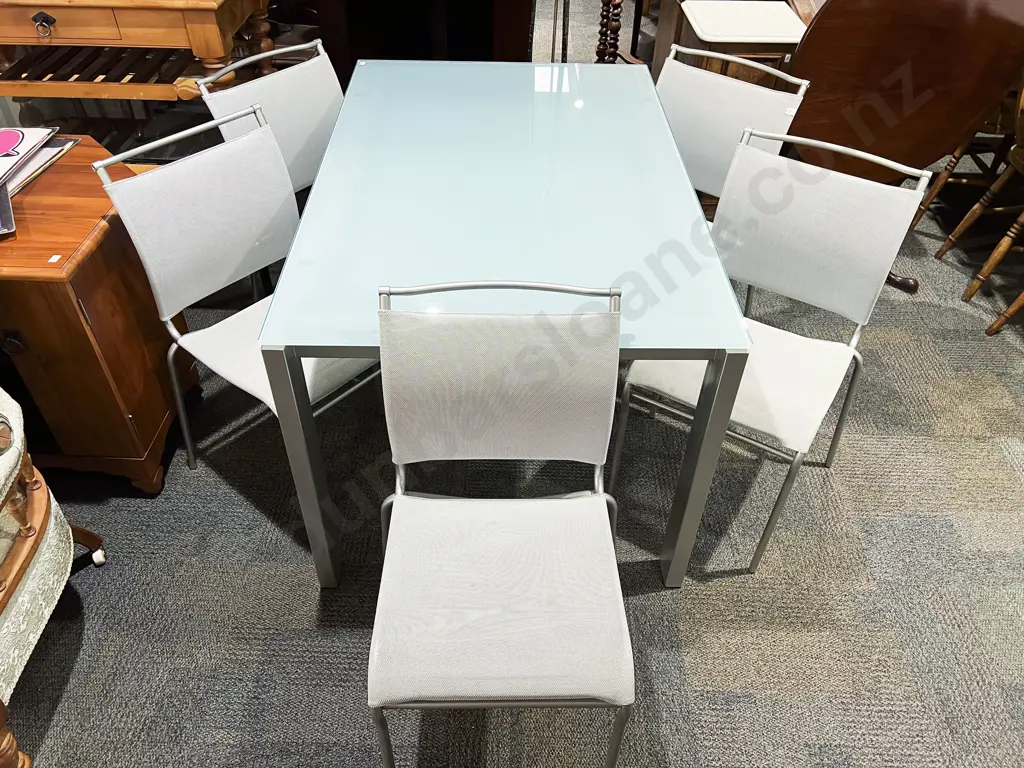 Modern Glass Top Dining Table With Five Chairs Image 1++