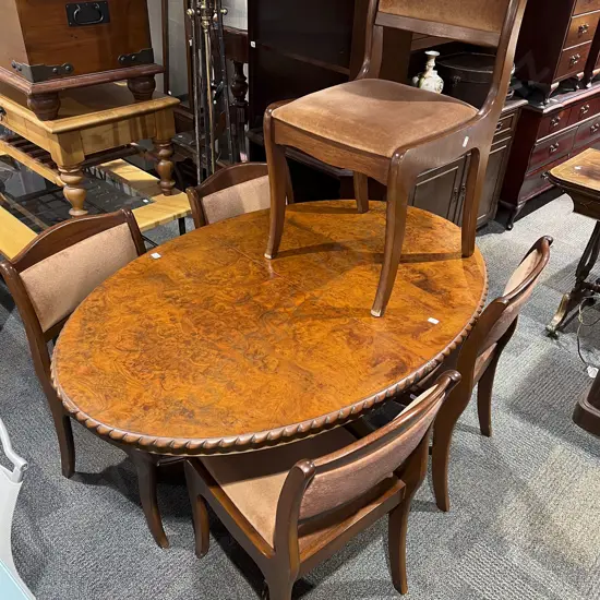 Repro. Burr Walnut Extension Dining Table with 5 Dining Chairs