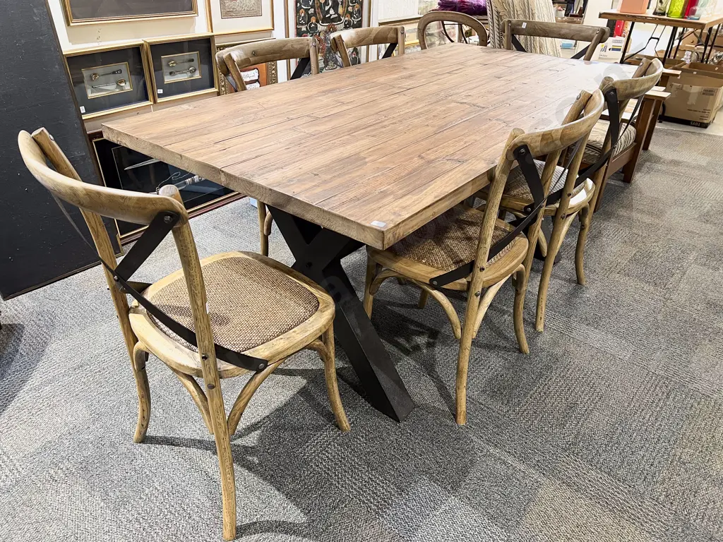 Modern Pine Dining Table with Cast Metal Refectory Base & Six Vienna Cross Back Rattan Seated Dining Chairs Image 1++