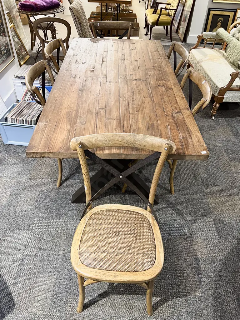 Modern Pine Dining Table with Cast Metal Refectory Base & Six Vienna Cross Back Rattan Seated Dining Chairs Image 1++