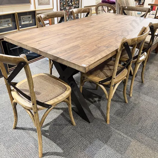 Modern Pine Dining Table with Cast Metal Refectory Base & Six Vienna Cross Back Rattan Seated Dining Chairs