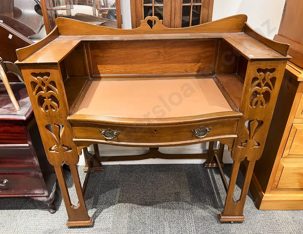 NZ Kauri Art Nouveau Serpentine Desk with Shelved Gallery Back Image 1++