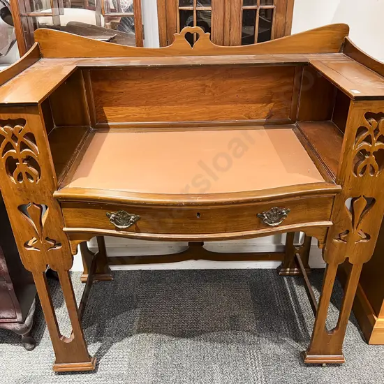 NZ Kauri Art Nouveau Serpentine Desk with Shelved Gallery Back
