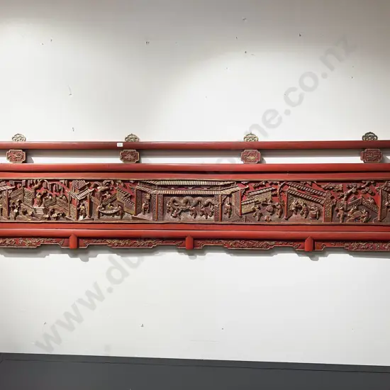 Chinese Red Lacquered & Gilt Marriage Bed Panel