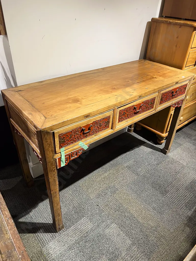Chinese Elm & Red Lacquered Three Drawer Side or Hall Table Image 1++
