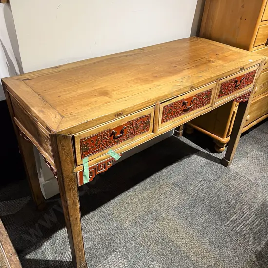 Chinese Elm & Red Lacquered Three Drawer Side or Hall Table