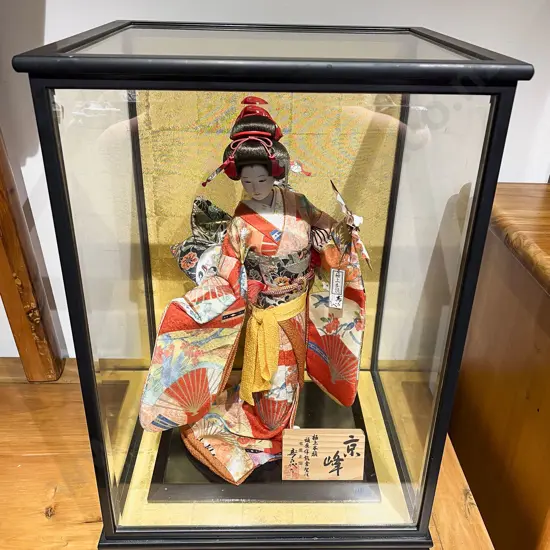 Japanese Geisha Doll in Glazed Display Cabinet