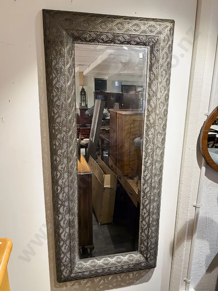 Modern Rectangular Wall Mirror with Decorative Pierced Metal Frame Image 1++