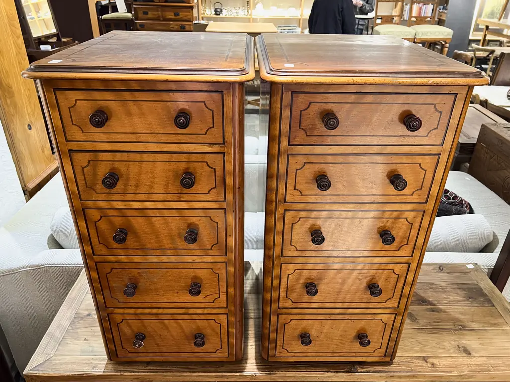 Pair Of Fine Quality Victorian Satin Birch Inlaid 5 Drawer Side Cabinets Image 1++