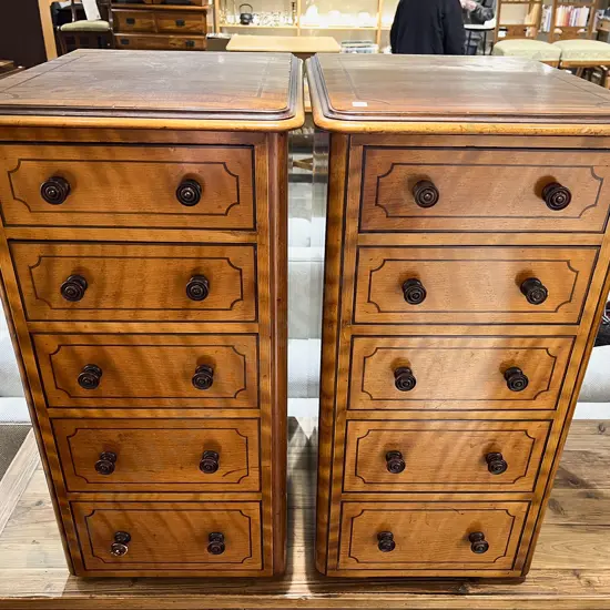 Pair Of Fine Quality Victorian Satin Birch Inlaid 5 Drawer Side Cabinets