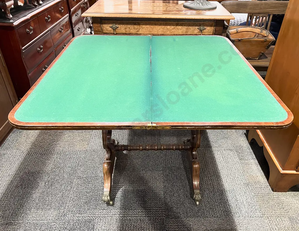 Elegant Regency Mahogany & Brass Inlaid Foldover Card Table Image 1++