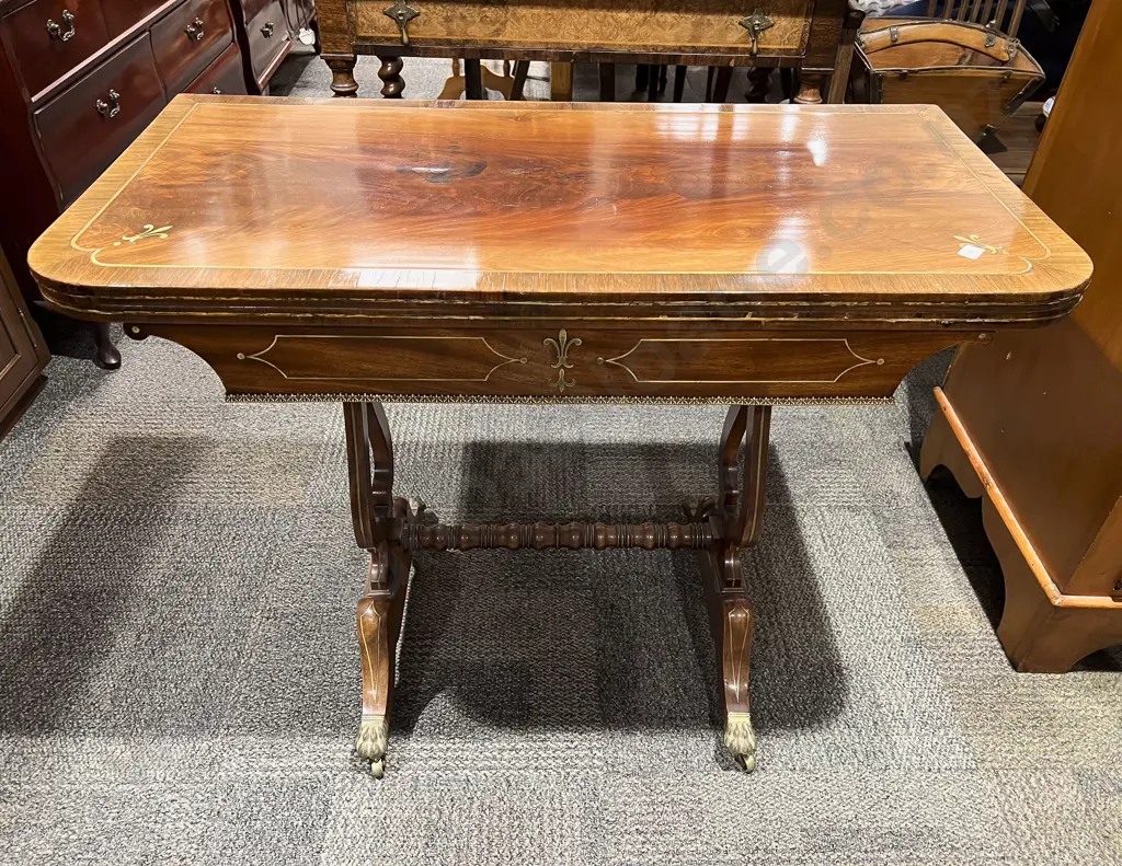 Elegant Regency Mahogany & Brass Inlaid Foldover Card Table Image 1++