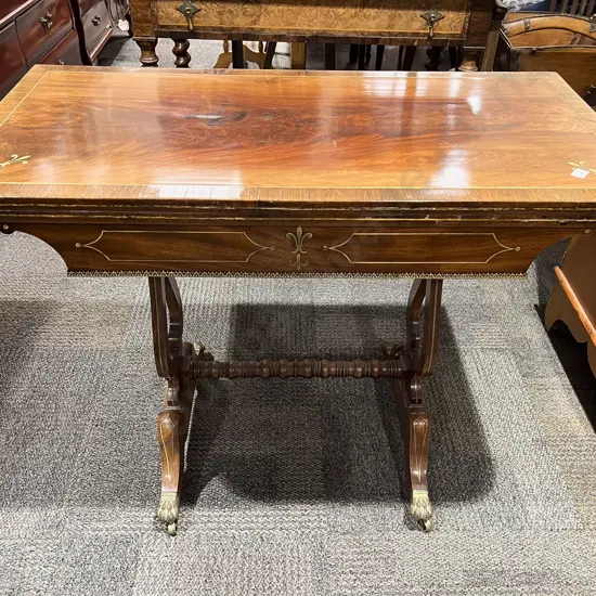 Elegant Regency Mahogany & Brass Inlaid Foldover Card Table