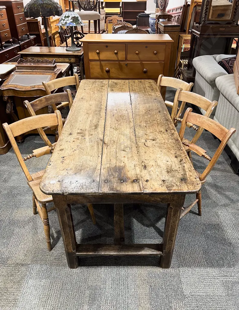 C18th French Farmhouse Refectory Dining Table & Six Oxford Bar Back Elm Dining Chairs Image 1++