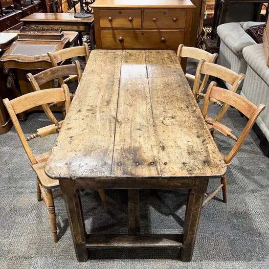 C18th French Farmhouse Refectory Dining Table & Six Oxford Bar Back Elm Dining Chairs