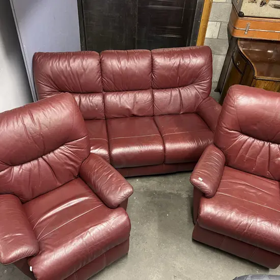 Three Seater Leather Sofa with Pair of Matching Reclining Armchairs