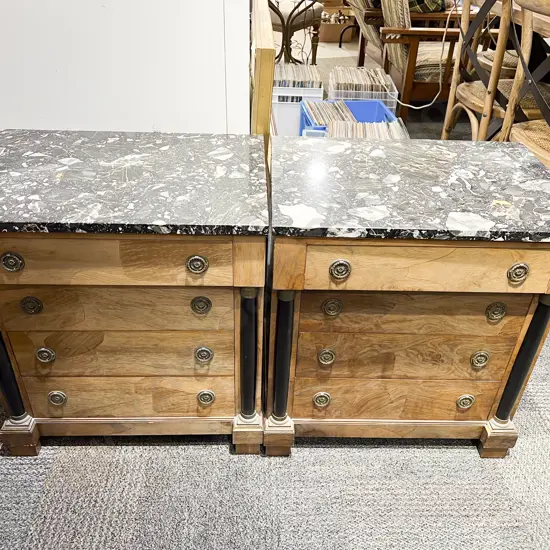 Pair of 19th Century French Empire Revival Marble Top Bedside Chests