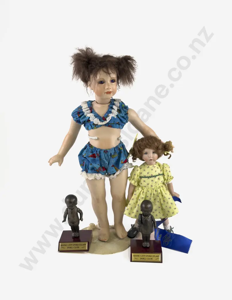 New Bisque Doll Artist Character Doll with Award Winning Doll and Two Club Trophies Image 1++