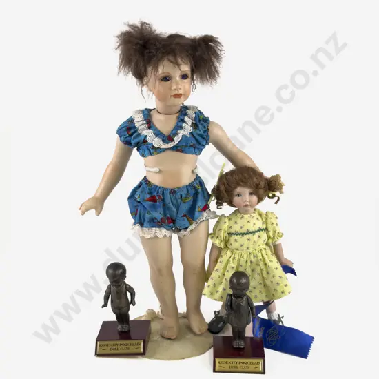 New Bisque Doll Artist Character Doll with Award Winning Doll and Two Club Trophies
