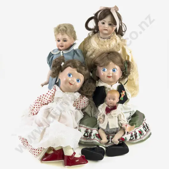 Two New JDK Googly Mould Rag Dolls with Three New Bisque Dolls