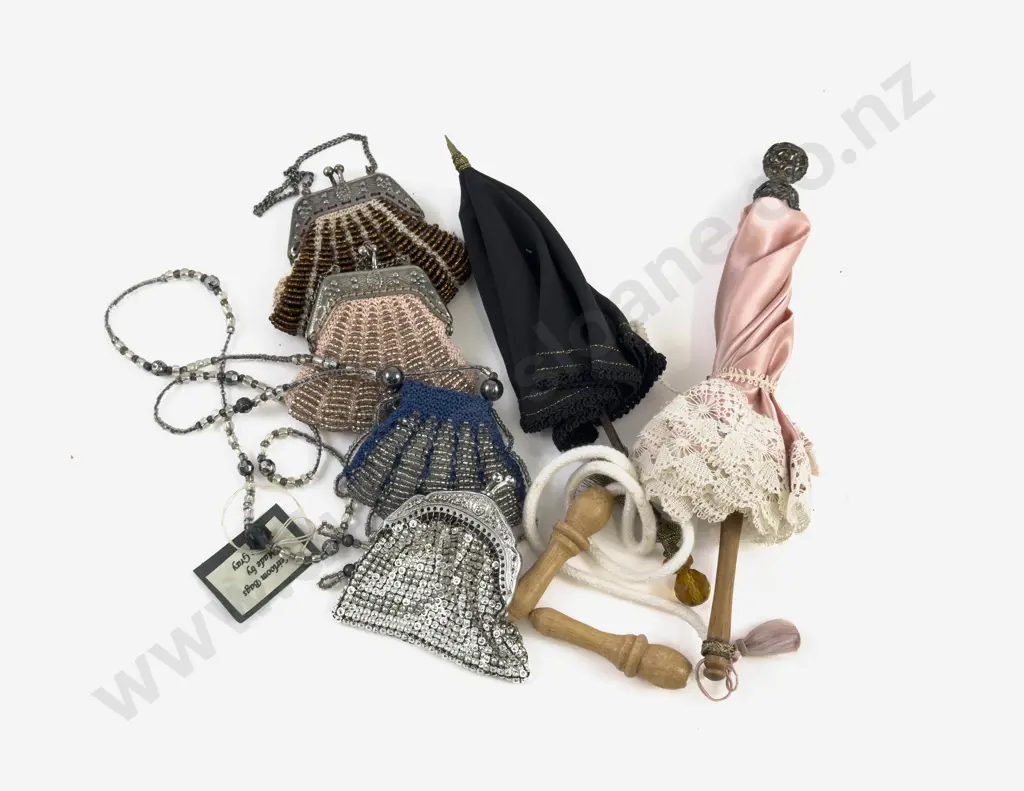 Three Beaded and All Metal Dolls Purses Two Umbrellas and Skip Rope Image 1++